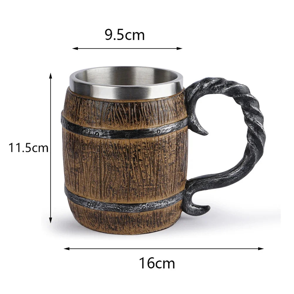 Viking Wood Style Beer Mug Simulation Wooden Barrel Beer Cup Double Wall Drinking Mug Metal Insulated 1PCS Bar Drinking Кружка