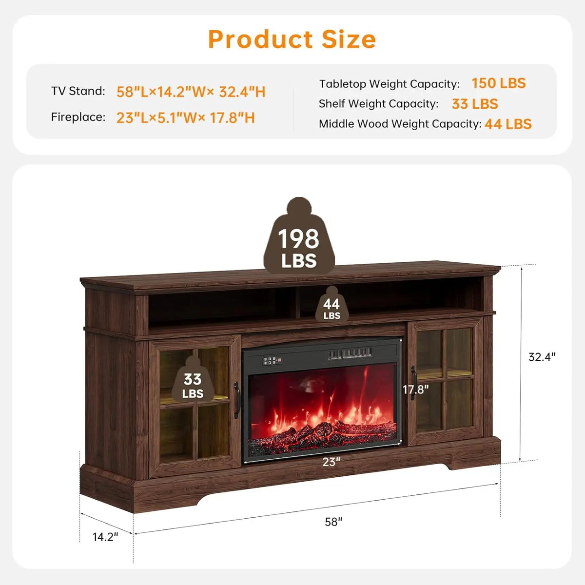 Fireplace TV Stand, Modern Entertainment Center for Tvs up to 70", TV Console with Storage Cabinets &amp; Electric Fireplace, Brown Media Console for Living Room