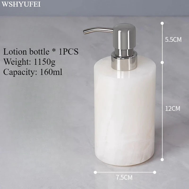 White Jade Stone Bathroom Accessory Set - Elegant Resin Bath Decor lotion bottle with dimensions and capacity.
