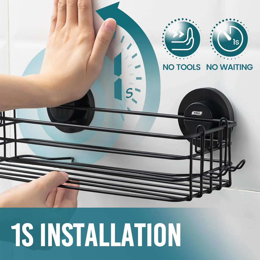 Shower Caddy Suction Cup 2 Pack with Hooks & Soap Holder, Heavy Duty Shower Organizer for Bathroom, No Drilling Bathroom Organizer with Large Capacity, Black Metal Storage Basket