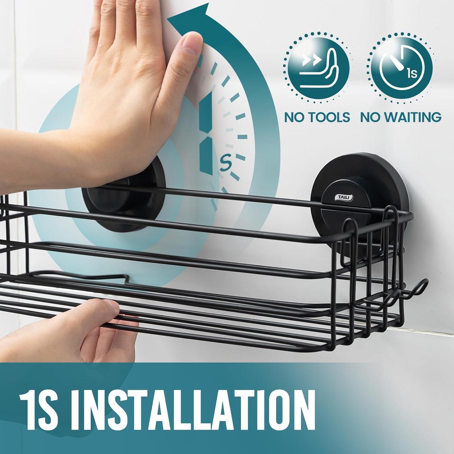 Shower Caddy Suction Cup 2 Pack with Hooks & Soap Holder, Heavy Duty Shower Organizer for Bathroom, No Drilling Bathroom Organizer with Large Capacity, Black Metal Storage Basket