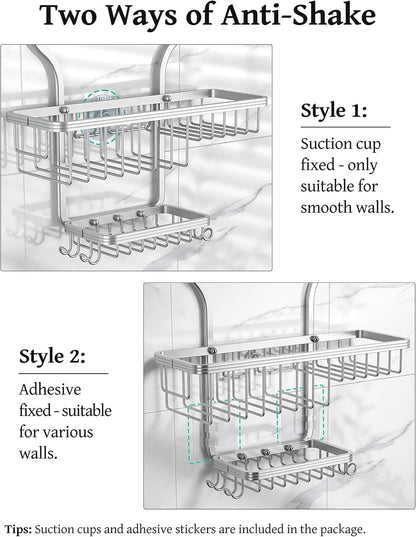 Shower Caddy Hanging - Never Rust Shower Organizer - Aluminum over the Head Caddy with 10 Hooks for Razor/Sponge - Rack with Soap Basket - Silver