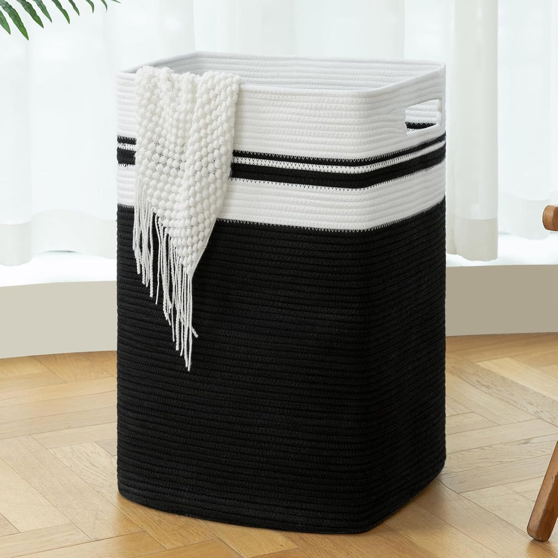91L Laundry Hamper, Xxxlarge Laundry Basket, Collapsible Cotton Rope Basket,Woven Storage Basket for Blankets,Clothes,Pillows-16X15X24-Black&White
