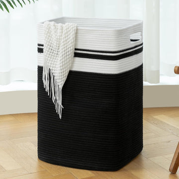 91L Laundry Hamper, Xxxlarge Laundry Basket, Collapsible Cotton Rope Basket,Woven Storage Basket for Blankets,Clothes,Pillows-16X15X24-Black&White