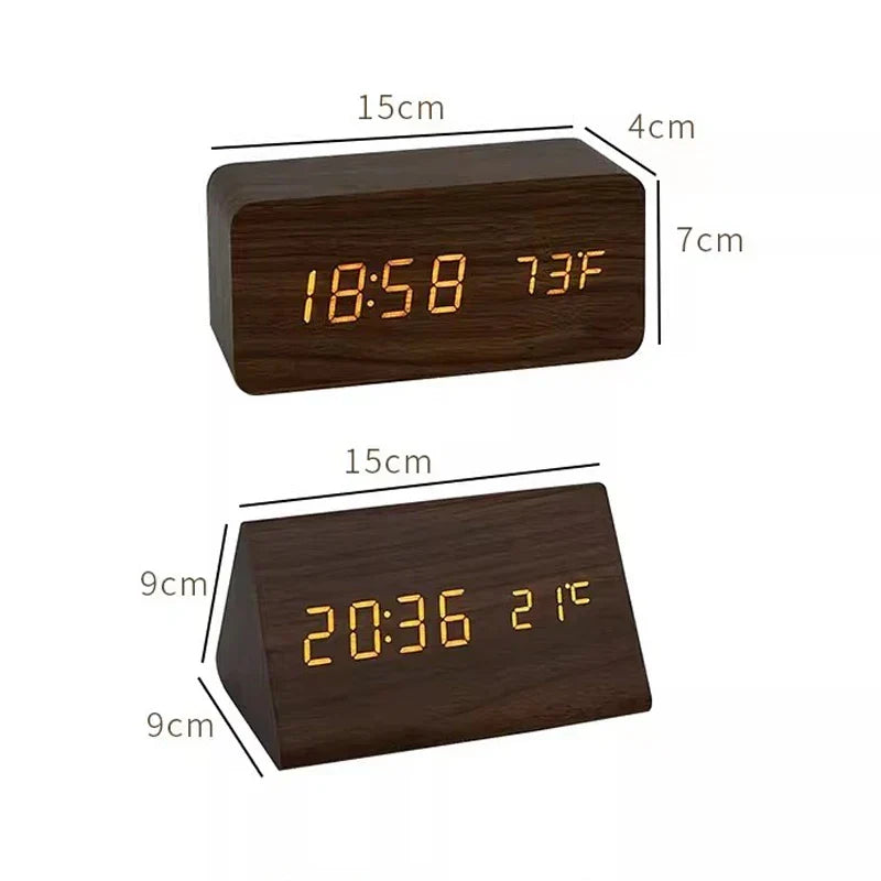 LED Alarm Clock – Voice Control – Temperature Display – Wooden Design