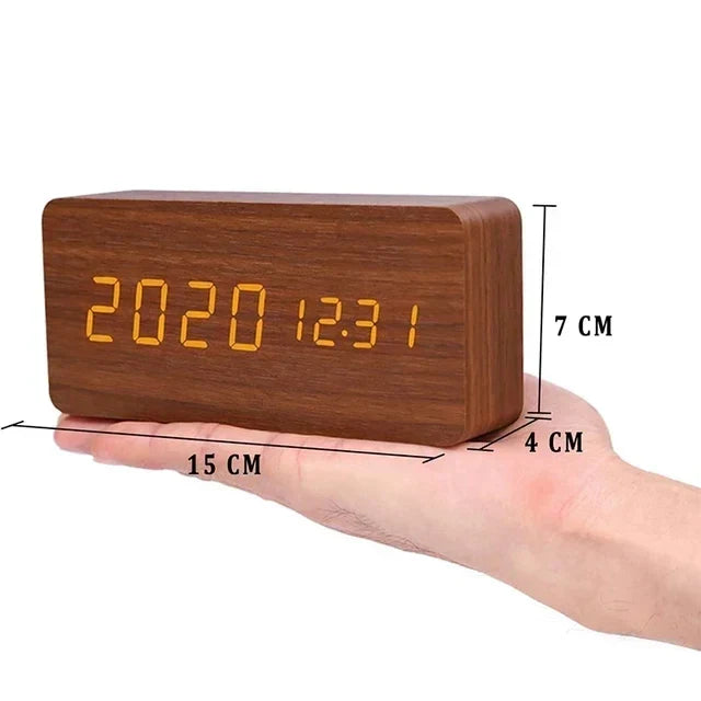 LED Alarm Clock – Voice Control – Temperature Display – Wooden Design