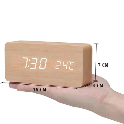 LED Alarm Clock – Voice Control – Temperature Display – Wooden Design