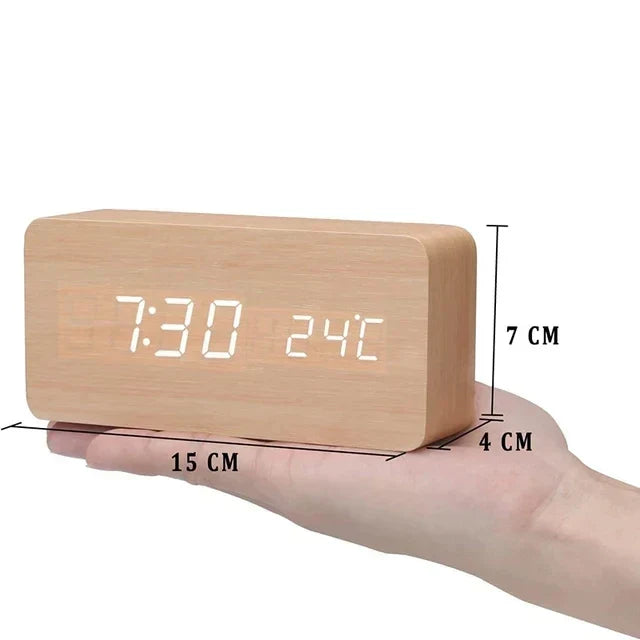 LED Alarm Clock – Voice Control – Temperature Display – Wooden Design