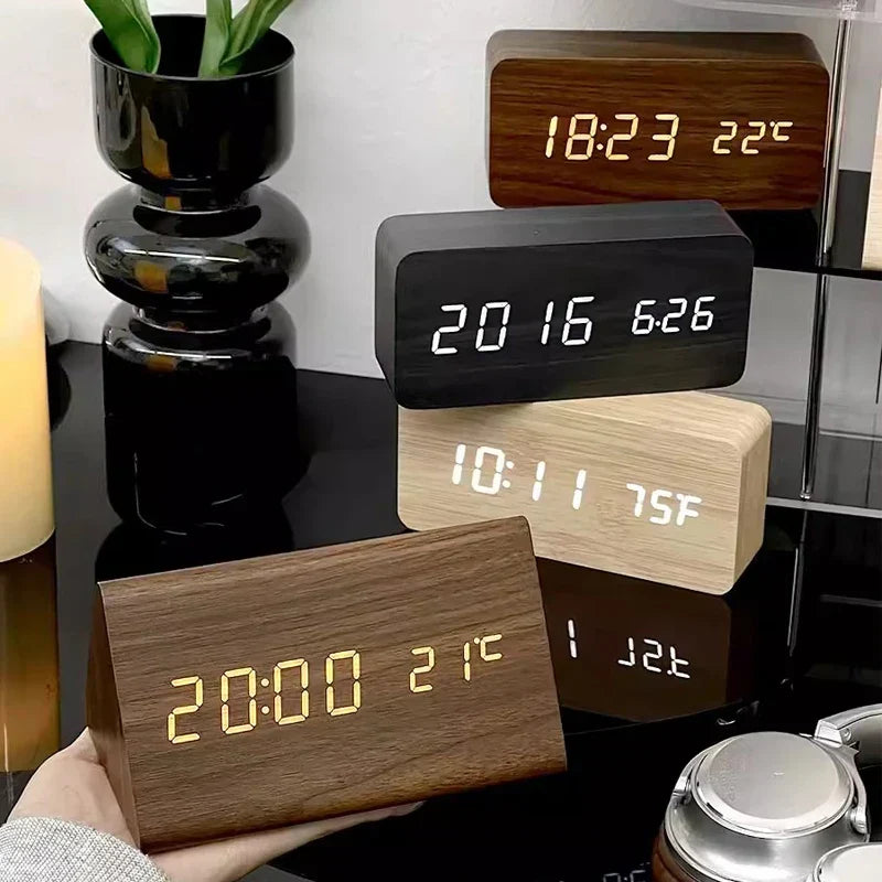 LED Alarm Clock – Voice Control – Temperature Display – Wooden Design