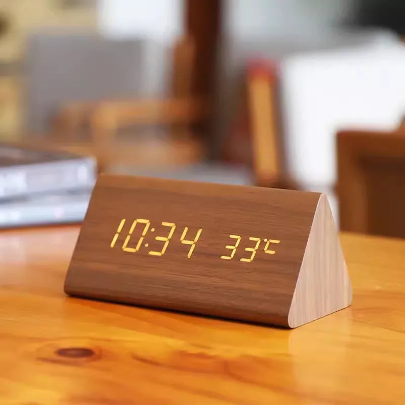 LED Alarm Clock – Voice Control – Temperature Display – Wooden Design