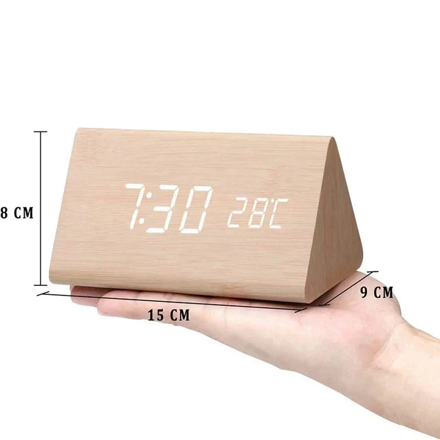 LED Alarm Clock – Voice Control – Temperature Display – Wooden Design