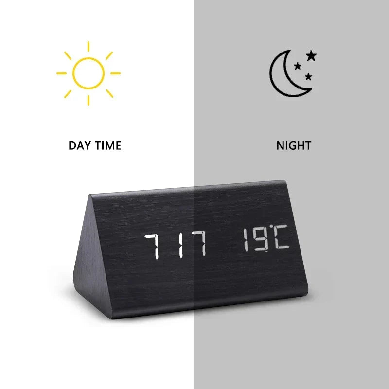 LED Alarm Clock – Voice Control – Temperature Display – Wooden Design