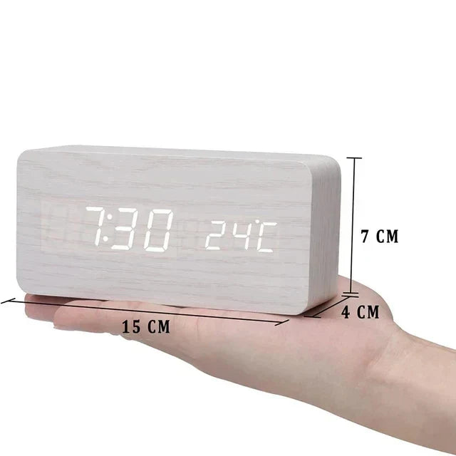 LED Alarm Clock – Voice Control – Temperature Display – Wooden Design