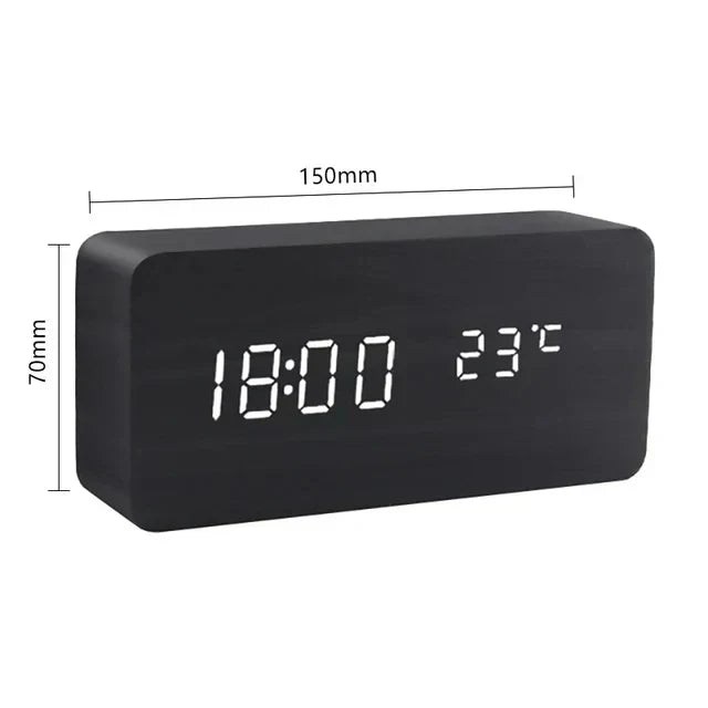 LED Alarm Clock – Voice Control – Temperature Display – Wooden Design