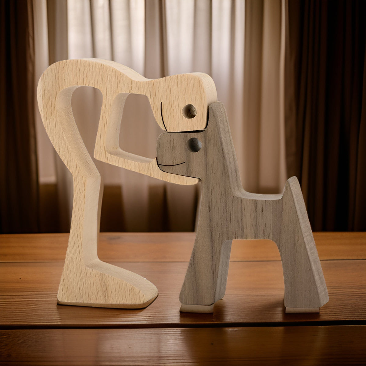Wooden Dog Sculpture Human & Dog Design Natural 
