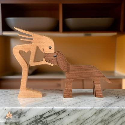 Wooden Dog Sculpture Human & Dog Design Natural 