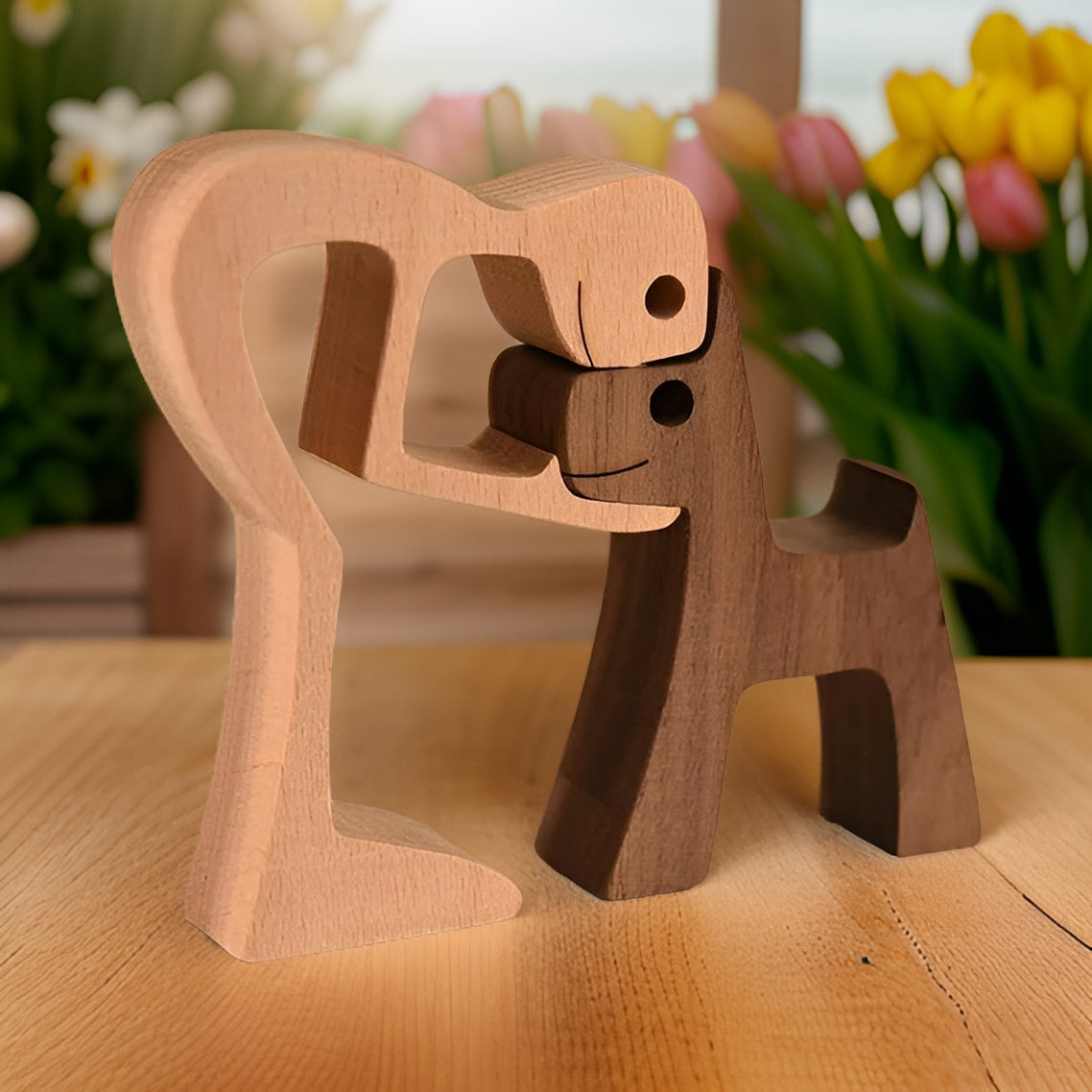 Wooden Dog Sculpture Human & Dog Design Natural 