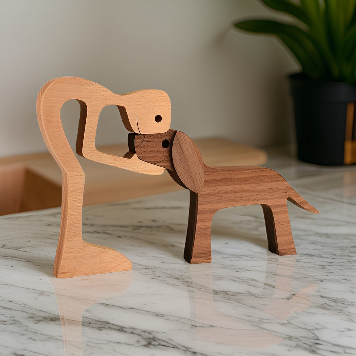 Wooden Dog Sculpture Human & Dog Design Natural 