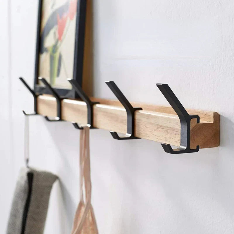 Wall-Mounted Coat Rack – 5 Adjustable Hooks – Wood & Aluminium