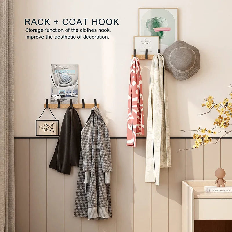 Wall-Mounted Coat Rack – 5 Adjustable Hooks – Wood & Aluminium