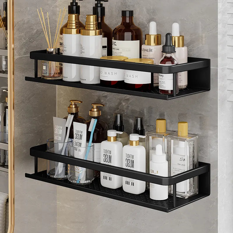 Bathroom Wall Shelf – Black Aluminium – Shower Storage