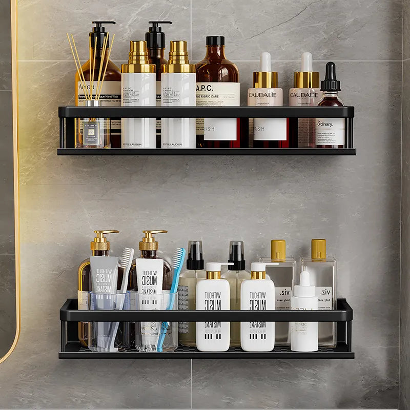 Bathroom Wall Shelf – Black Aluminium – Shower Storage