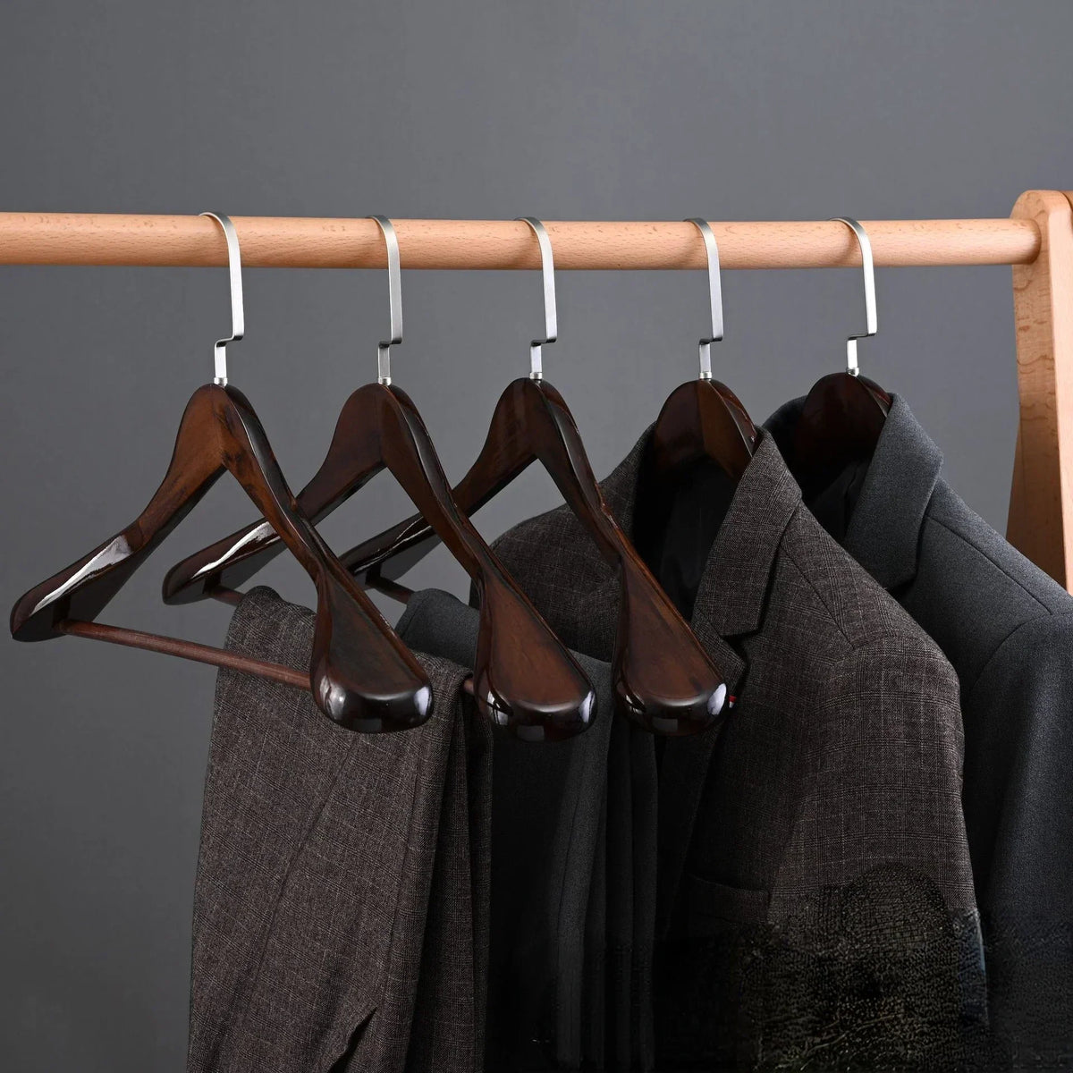 Wooden Clothes Hangers Curved Design Metal Accents