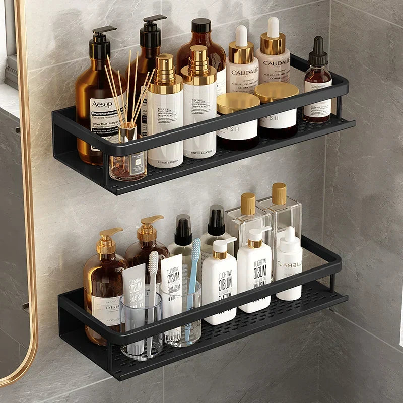 Bathroom Wall Shelf – Black Aluminium – Shower Storage