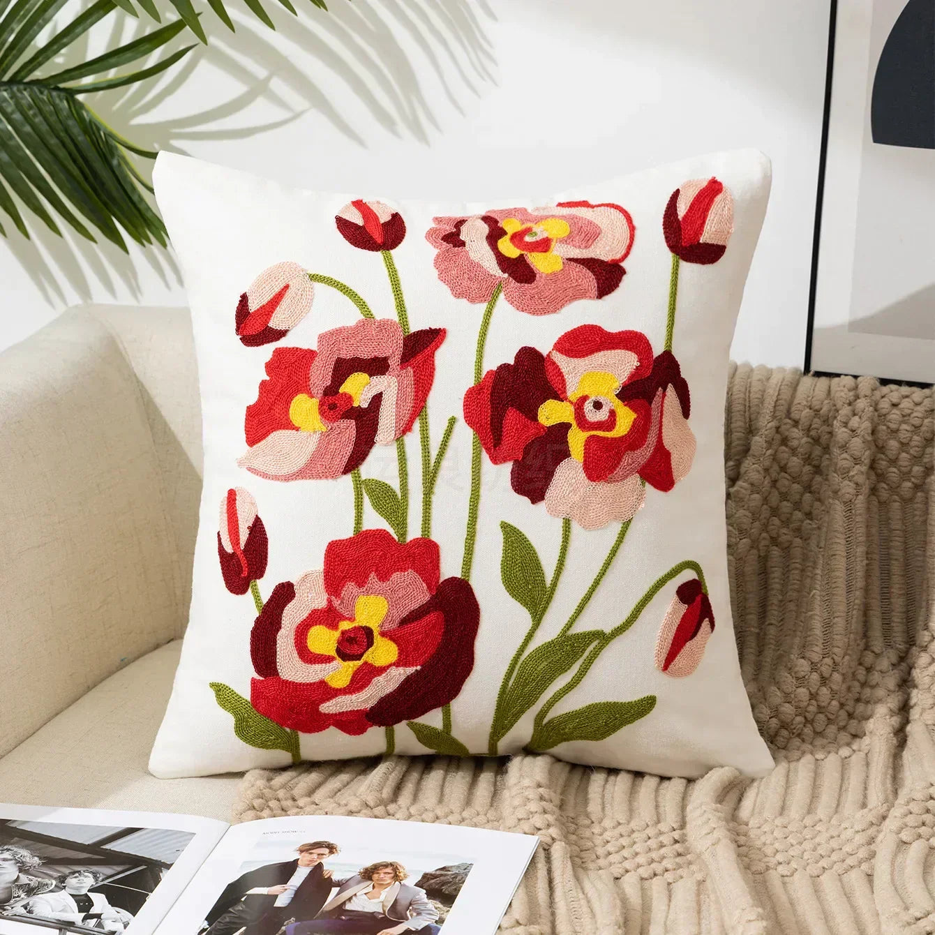 Embroidered Cushion Cover – Floral Pattern – Cotton Blend