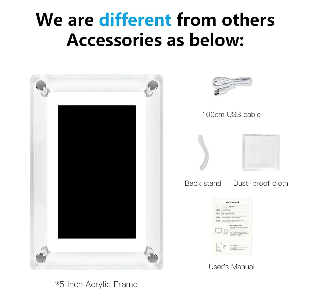 Digital Photo Frame – 5-Inch IPS Display – Rechargeable – Acrylic Design