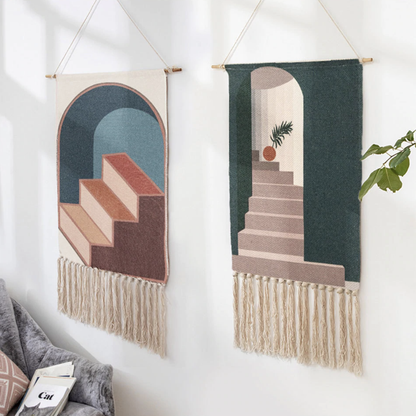 Geometric Wall Tapestry Cotton Wooden Hanging