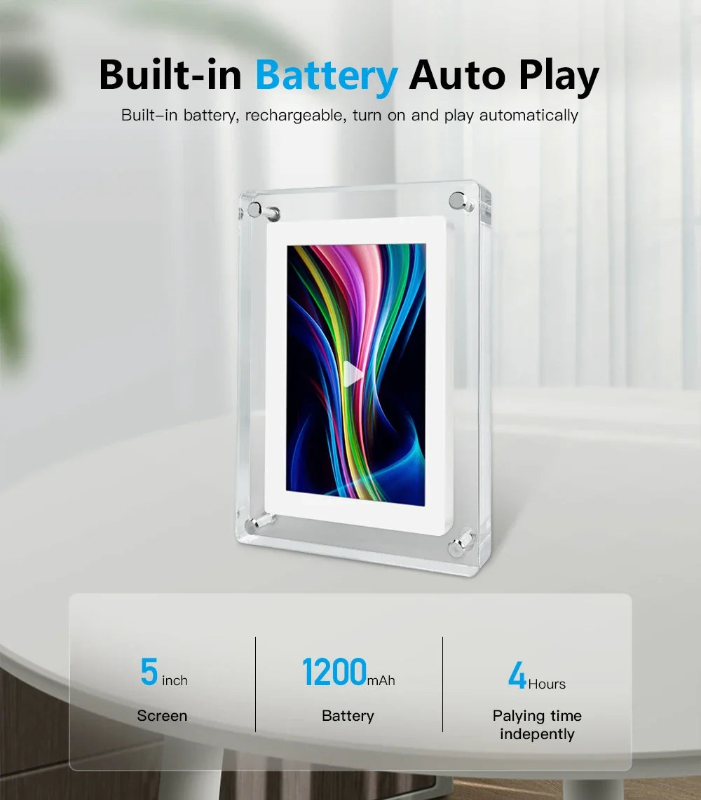 Digital Photo Frame – 5-Inch IPS Display – Rechargeable – Acrylic Design