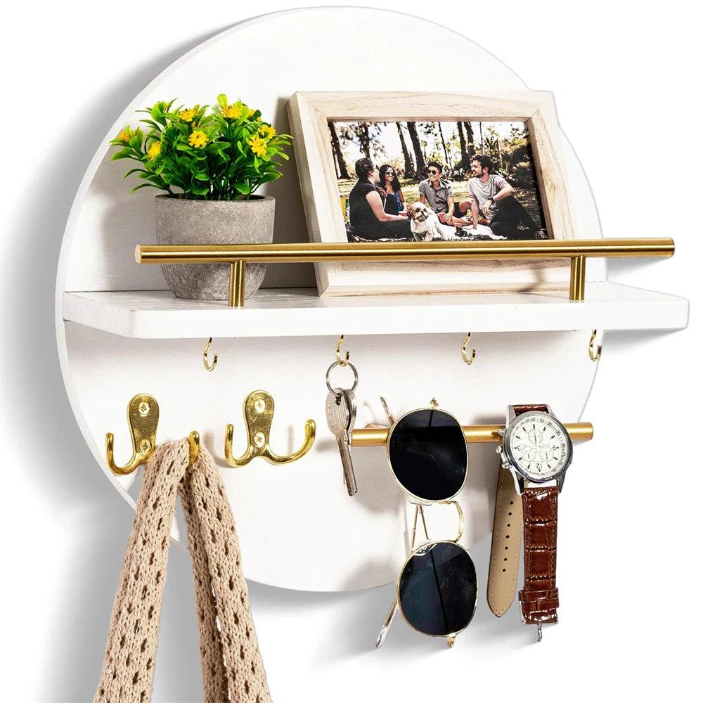Round Wooden Key Holder – Wall-Mounted – Hooks & Shelf – Entryway Organiser