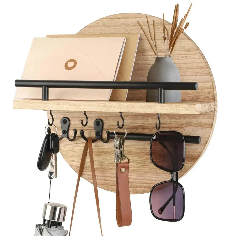Round Wooden Key Holder – Wall-Mounted – Hooks & Shelf – Entryway Organiser