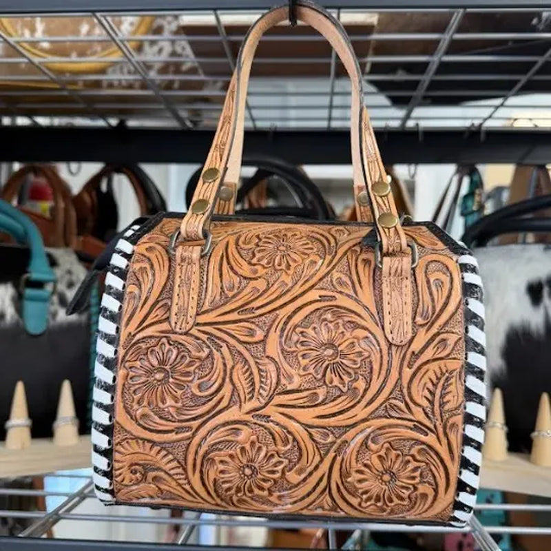 Genuine Hand Tooled Leather Speedy Bag- All over Brown Tooled with White Stitching