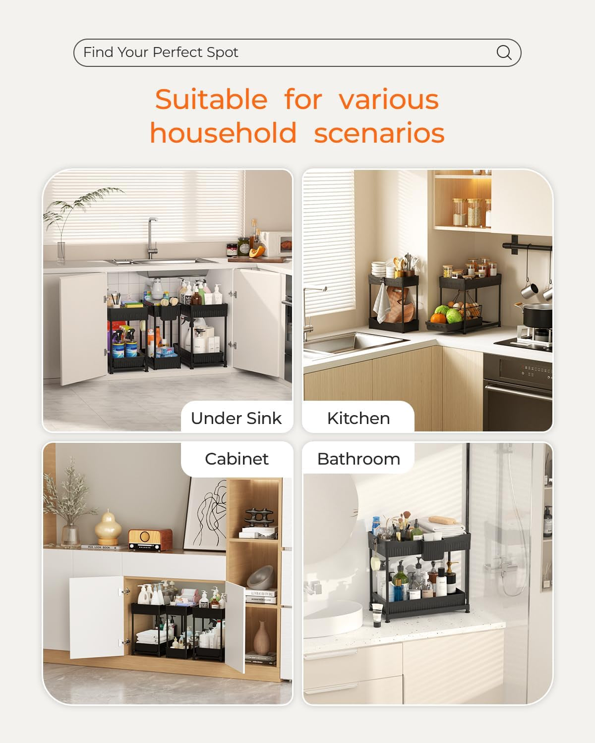 3 Pack under Sink Organizers, 2-Tier Multi-Use Kitchen and Bathroom Organizers and Storage with Sliding Drawers，Bathroom Cabinet Organizer (Black, 12.8 Inch)