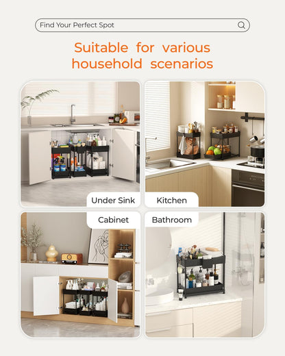 3 Pack under Sink Organizers, 2-Tier Multi-Use Kitchen and Bathroom Organizers and Storage with Sliding Drawers，Bathroom Cabinet Organizer (Black, 12.8 Inch)