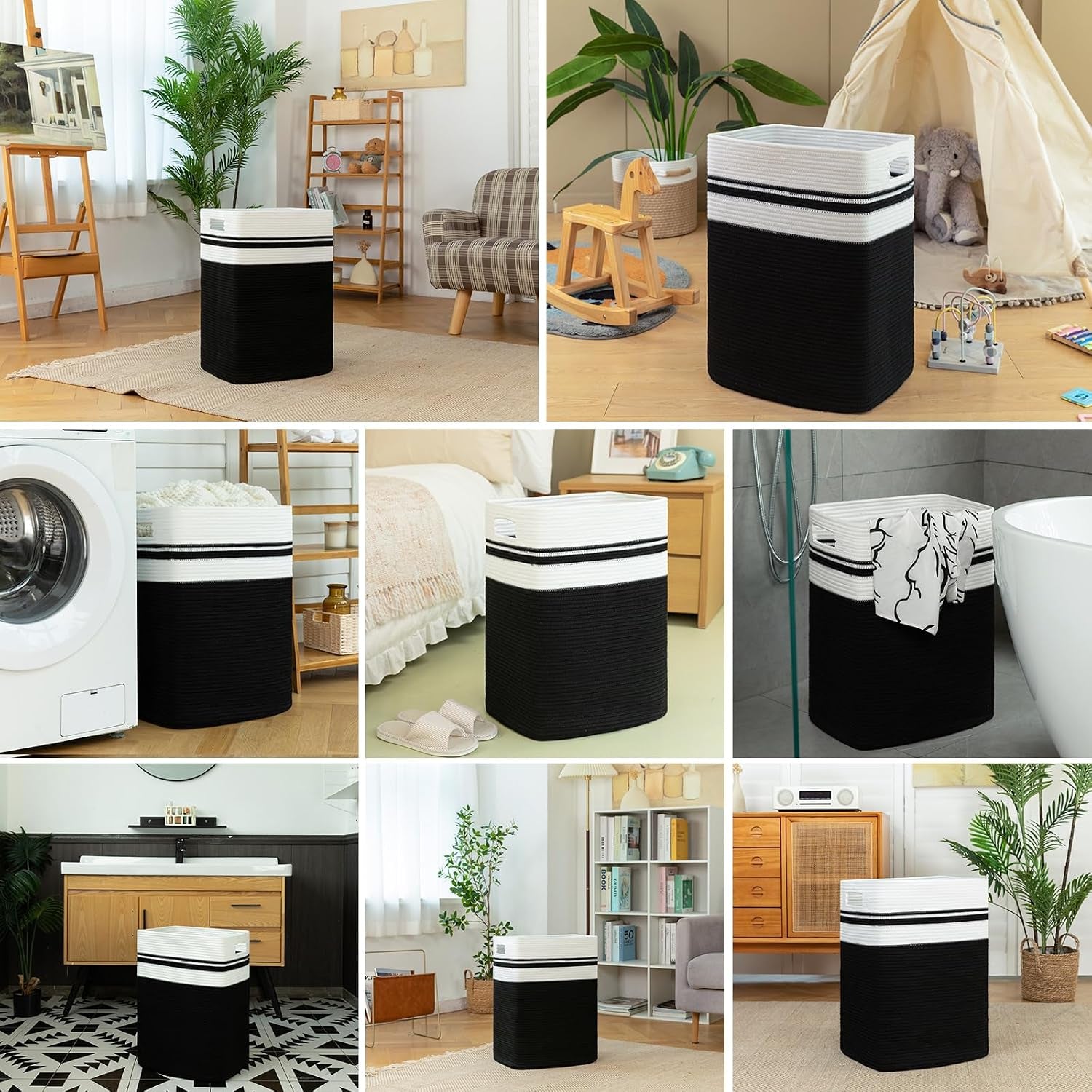 91L Laundry Hamper, Xxxlarge Laundry Basket, Collapsible Cotton Rope Basket,Woven Storage Basket for Blankets,Clothes,Pillows-16X15X24-Black&White