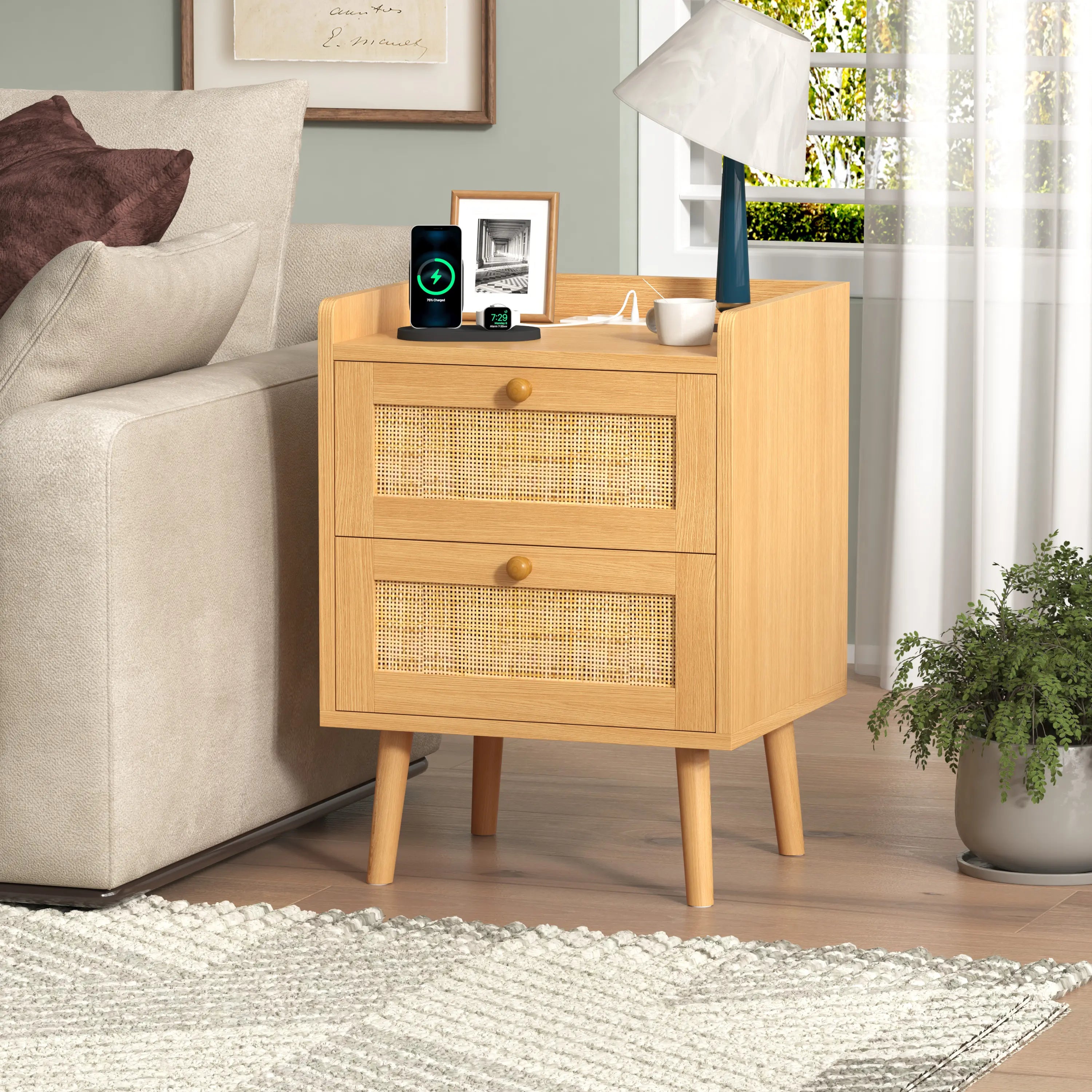 Rattan Nightstand with Charging Station, Rattan Boho End Table with 2 Drawers Bedroom Bedside Side Tables Natural Night Stand for Living Room,Bedroom,Dorm Room Essentials Fathers Day Gift Ideas,Dorm Essentials,Home Decor