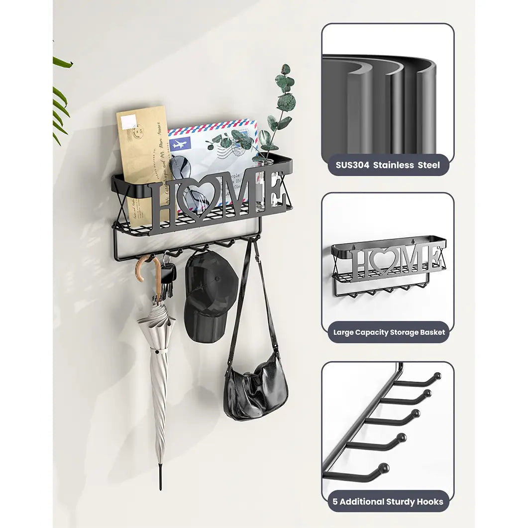 Key Holder for Wall - Key Rack with 5 Key Hooks, 11.02" L×2.75" W×4.92" H, Key and Mail Organizer Wall Mount with Mesh Basket, Key Hanger for Wall Decor Decoration
