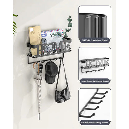 Key Holder for Wall - Key Rack with 5 Key Hooks, 11.02" L×2.75" W×4.92" H, Key and Mail Organizer Wall Mount with Mesh Basket, Key Hanger for Wall Decor Decoration