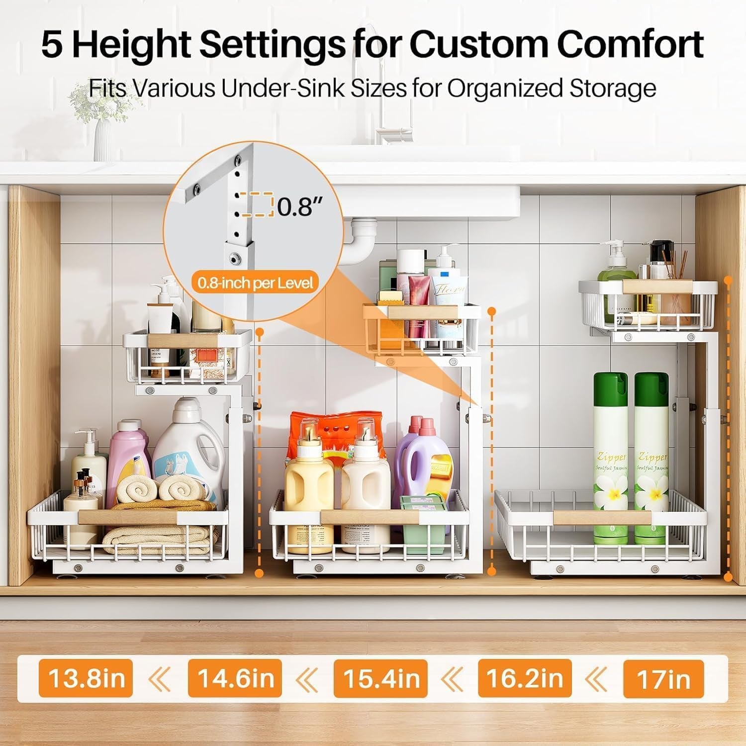 2 Pack under Sink Organizer,Adjustable Height,2 Tier Pull Out under Cabinet Organizer,Slide Out Thickened Metal under Sink Storage for Kitchen Bathroom Laundry Cabinet Pantry,White