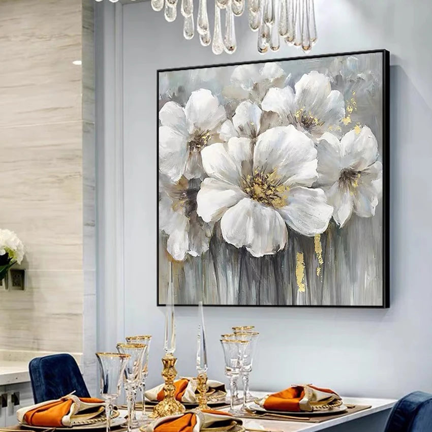 Fancy Home Decor Hot Sale Home Decor Flower Pictures Pieces White Flower Wall Art Oil Paintings Unframed