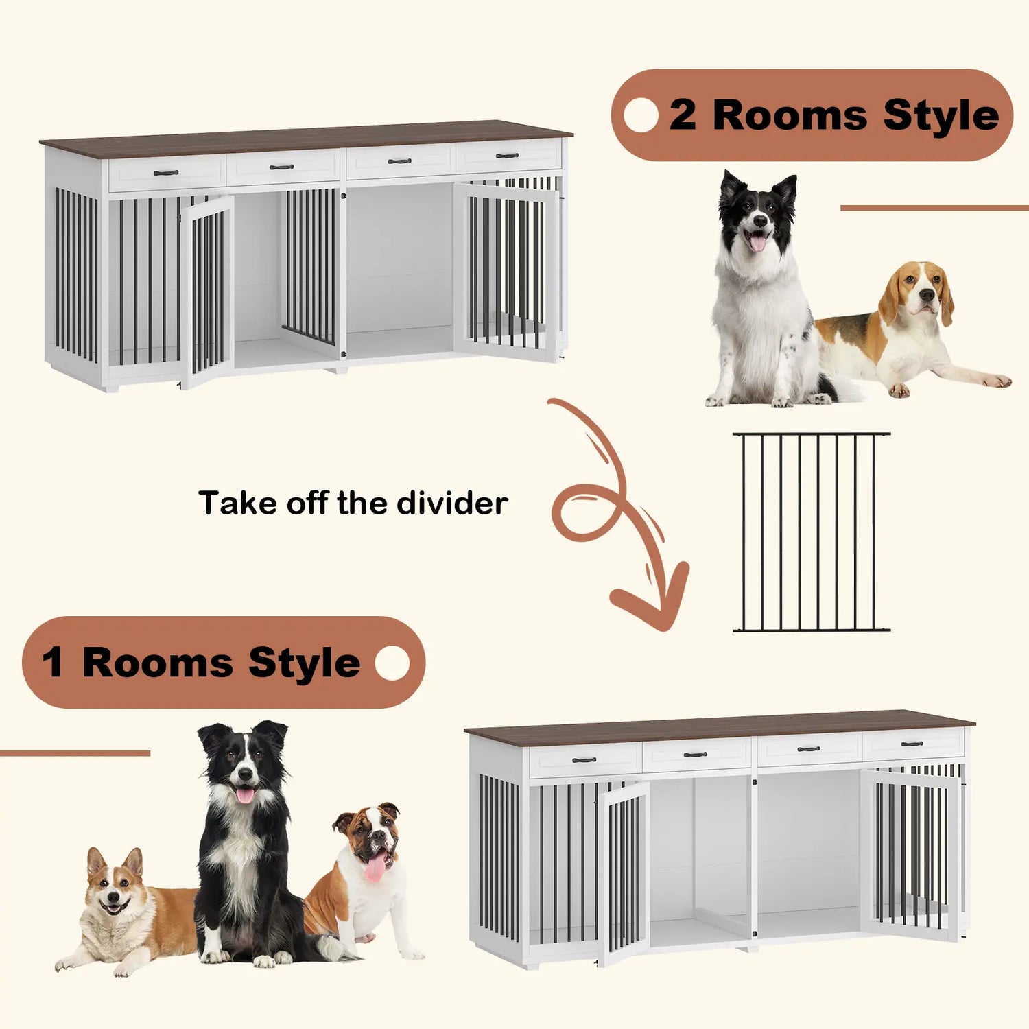 FUFU&amp;GAGA Large Dog Crate Furniture, 86.6" Wooden Dog Crate Kennel with Drawers and Divider, Heavy Duty Dog Crates Cage Furniture