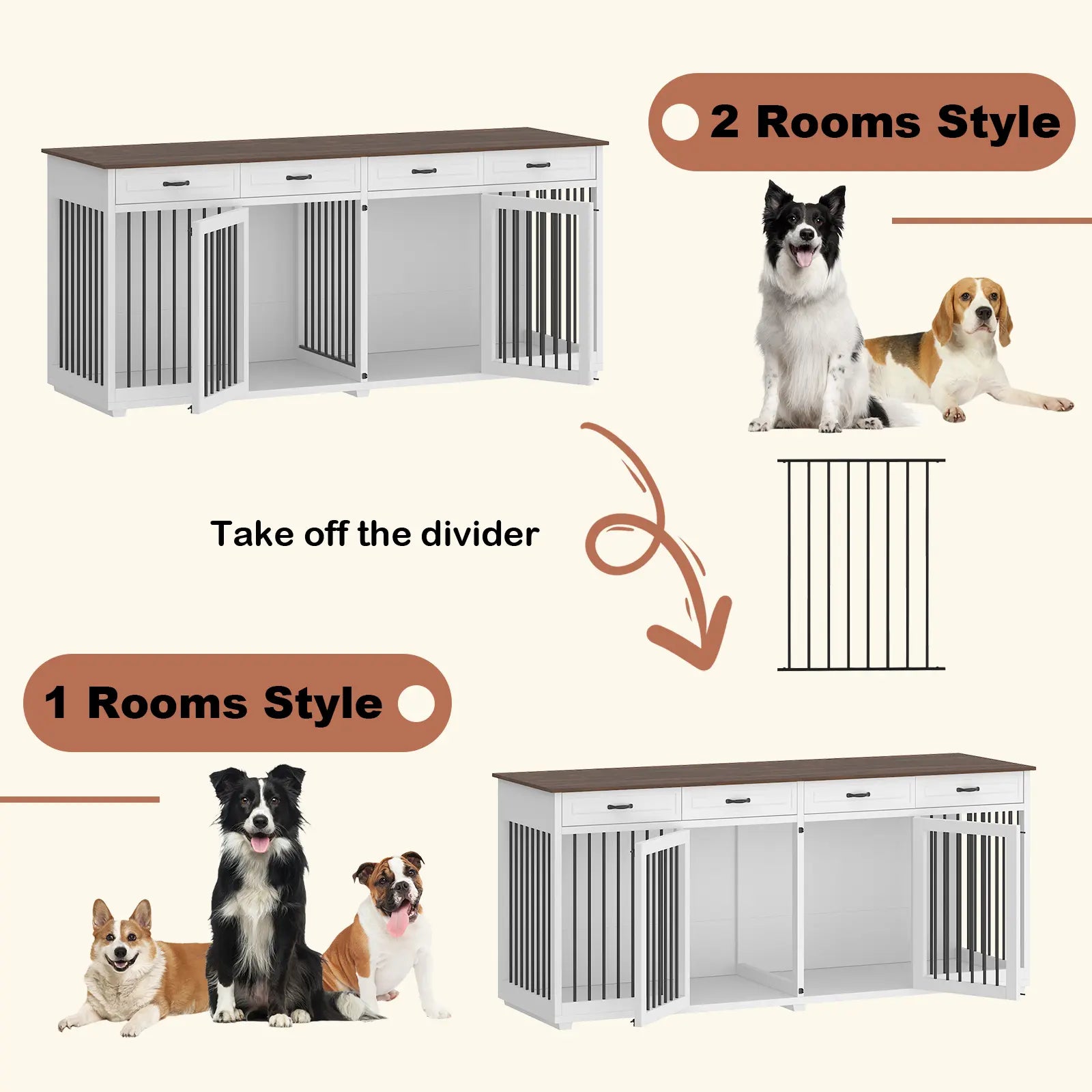 FUFU&amp;GAGA Large Dog Crate Furniture, 86.6" Wooden Dog Crate Kennel with Drawers and Divider, Heavy Duty Dog Crates Cage Furniture