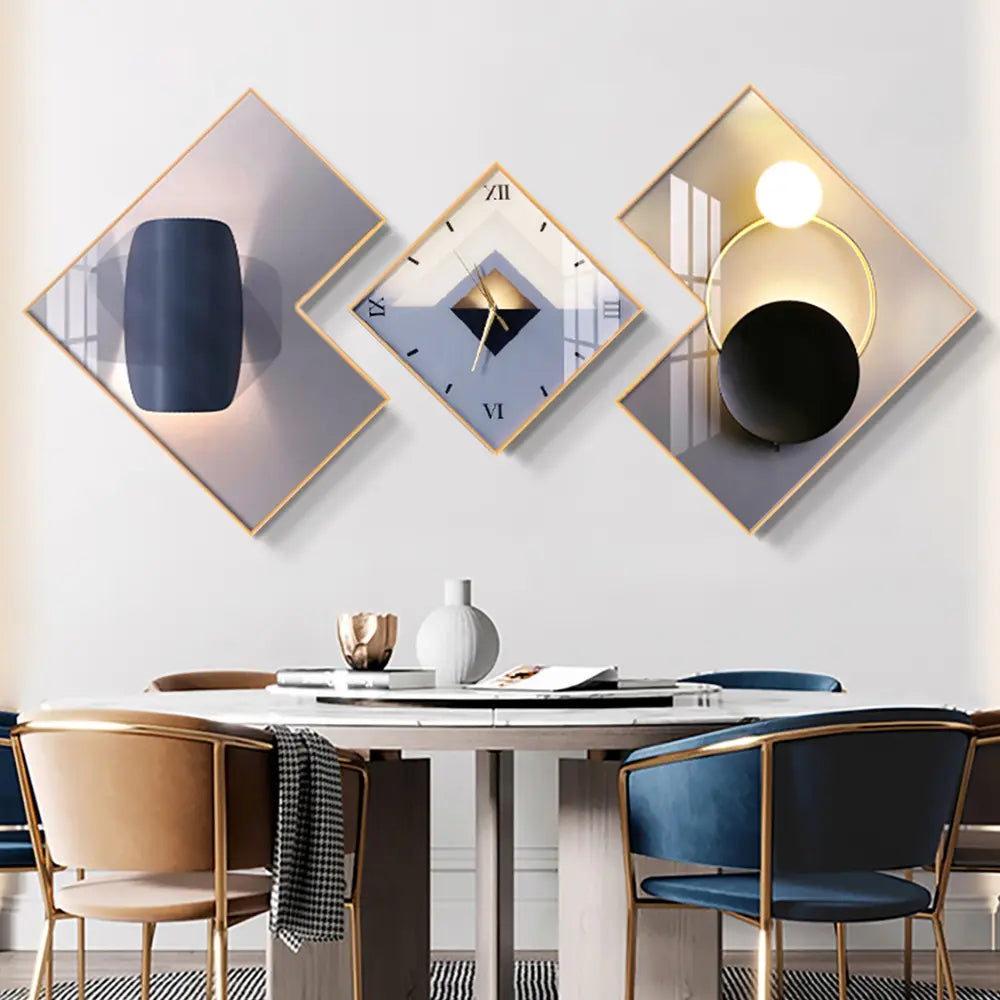 Homary 3-Pcs Square Modern Abstract Silent Aluminium Analog Wall Clock Set - Gold-Frame Canvas Artwork, Decorative Clock, Hanging Home Supplies for Living Room Entryway Decor