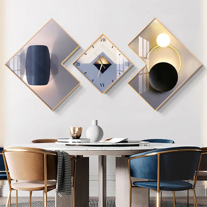 Homary 3-Pcs Square Modern Abstract Silent Aluminium Analog Wall Clock Set - Gold-Frame Canvas Artwork, Decorative Clock, Hanging Home Supplies for Living Room Entryway Decor