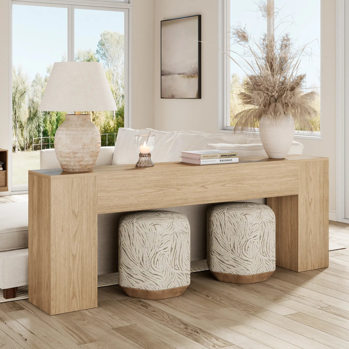 86-Inch Oak Console Table for Living Room, Farmhouse Extra Long Entryway Table, Wood Sofa Table behind Couch for Hallway, Entry Way, Entrance, Light Oak