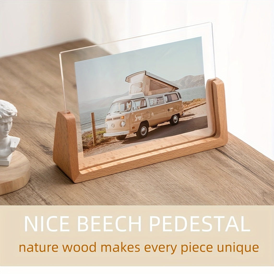 Acrylic Photo Frame – U-Shaped Wood Base – Minimalist – Tabletop Display