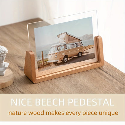 Acrylic Photo Frame – U-Shaped Wood Base – Minimalist – Tabletop Display